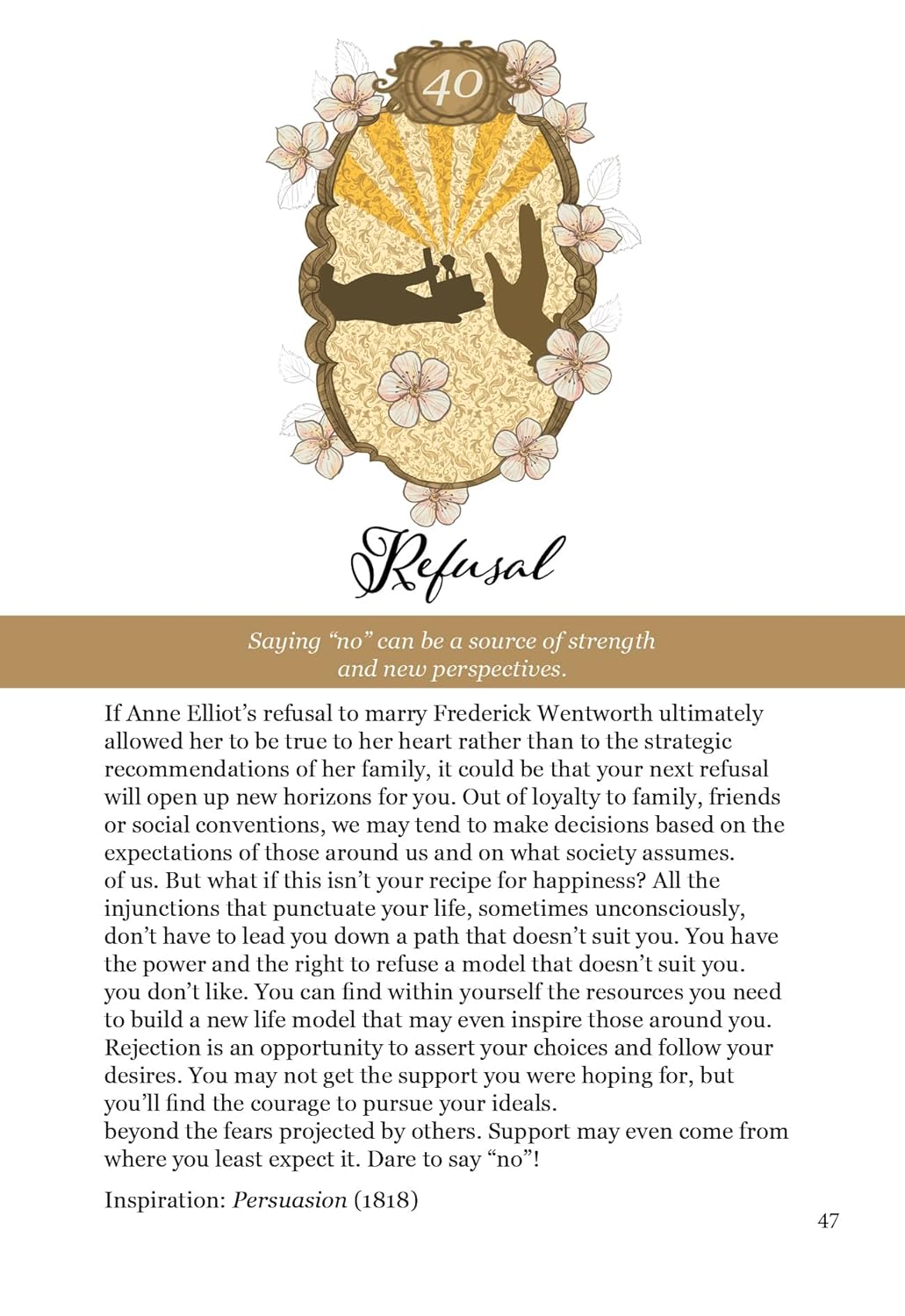 Decorative page with silhouette of a woman, flowers, and text about refusing societal expectations.