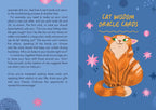 The inside of an oracle card deck, showing the back of a cat card labeled 'CAT WISDOM ORACLE CARDS' on a blue patterned background with text instructions on the left and the illustrated card design on the right.