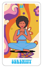 Illustration of a person in a meditative pose with a colorful background and the word 'Serenity' at the bottom.