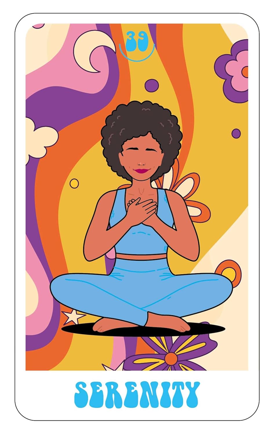 Illustration of a person in a meditative pose with a colorful background and the word 'Serenity' at the bottom.