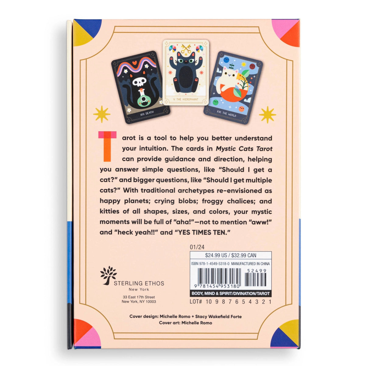 Back cover of a book with tarot card illustrations and text