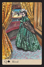 Card featuring a woman in a green dress with a fur stole, labeled 'Queen of Spades Rival'.