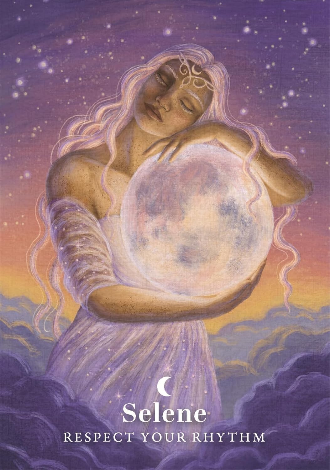 Illustration of a woman holding a moon-like sphere with 'Selene' and 'Respect Your Rhythm' text on a purple background.