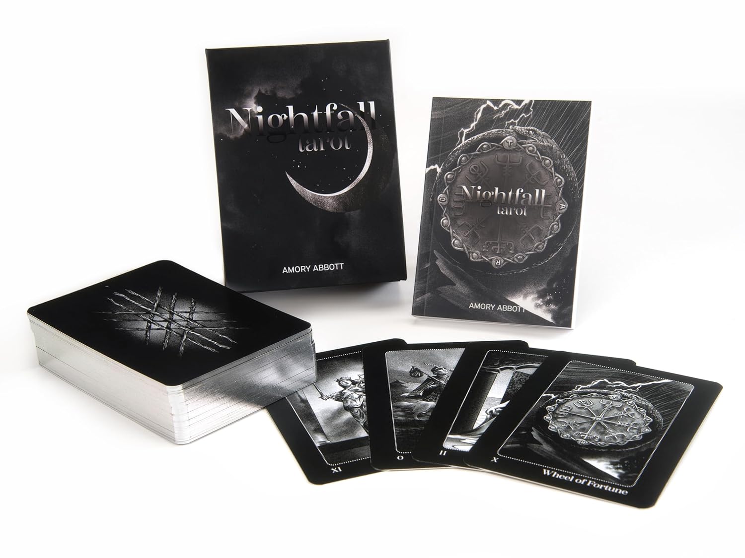 Nightfall Tarot cards by Amory Abbott with tarot cards displayed and box on a white background