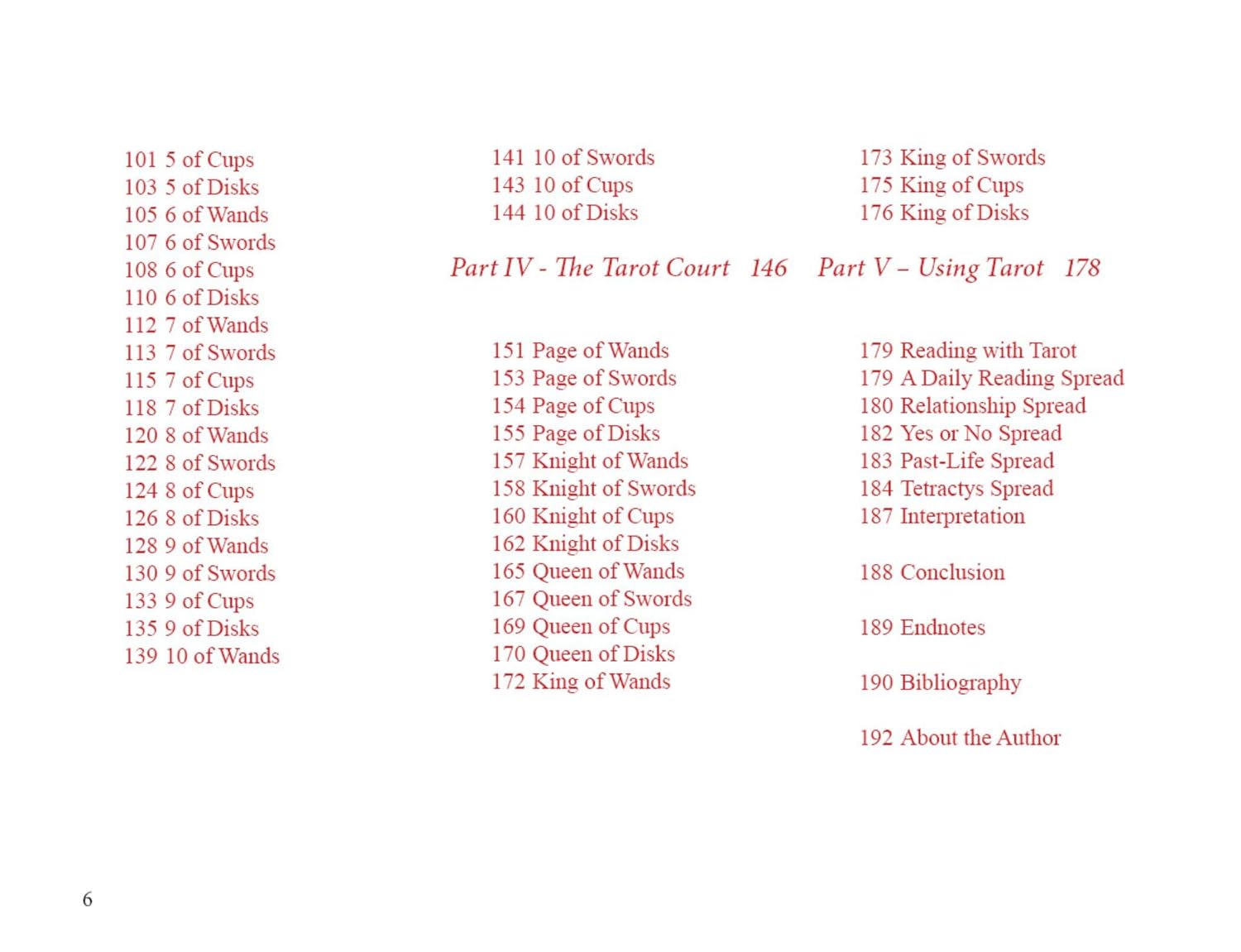 Table of contents for a book or document with red text on a white background