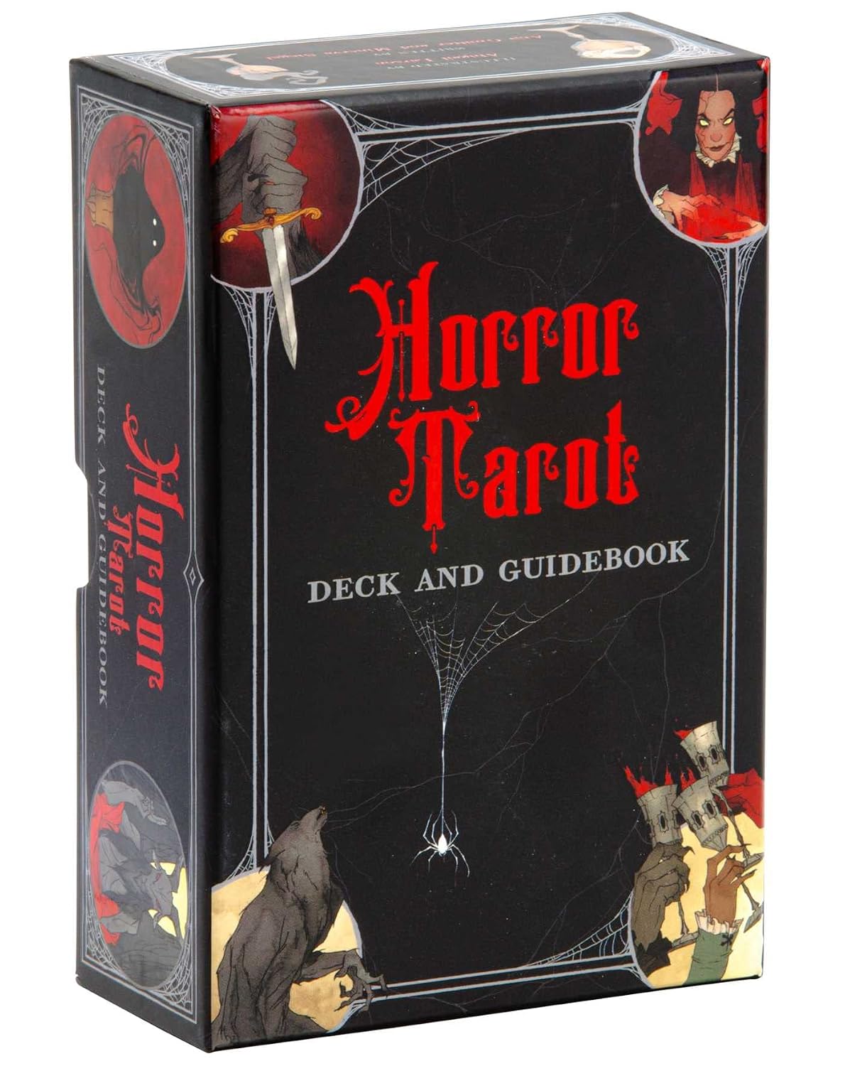 Horror Tarot deck and guidebook packaging with gothic design elements.