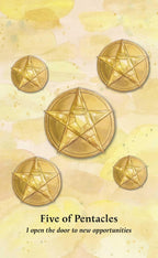 Five gold pentacle symbols on a yellow background with text 'Five of Pentacles' and 'I open the door to new opportunities'.