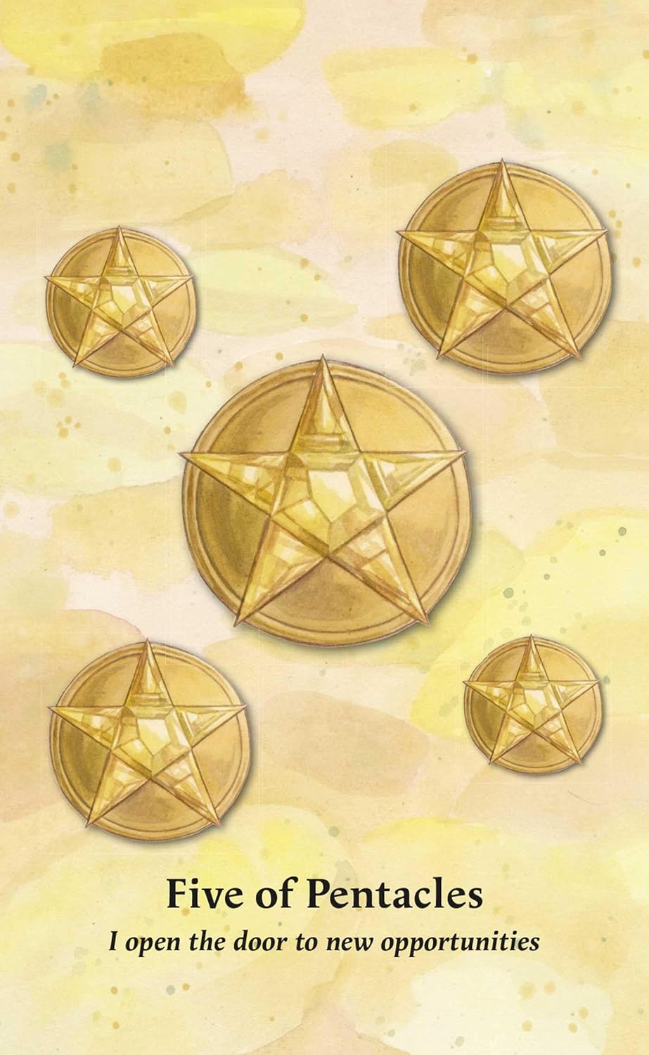 Five gold pentacle symbols on a yellow background with text 'Five of Pentacles' and 'I open the door to new opportunities'.