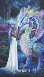 Artistic depiction of a woman and dragon in a fantasy setting with 'Strength' text.
