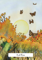 Card with autumn scene, butterflies, and '5 of Fire' text