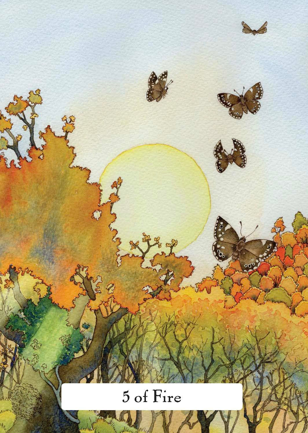 Card with autumn scene, butterflies, and '5 of Fire' text