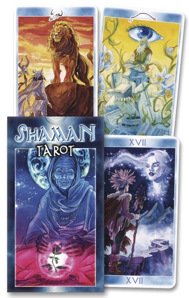Four tarot cards from the Shaman Tarot set with colorful illustrations and text.