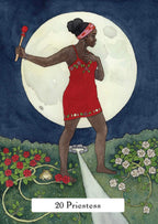 Illustration of a woman in a red dress with a full moon in the background, labeled '20 Priestess'.