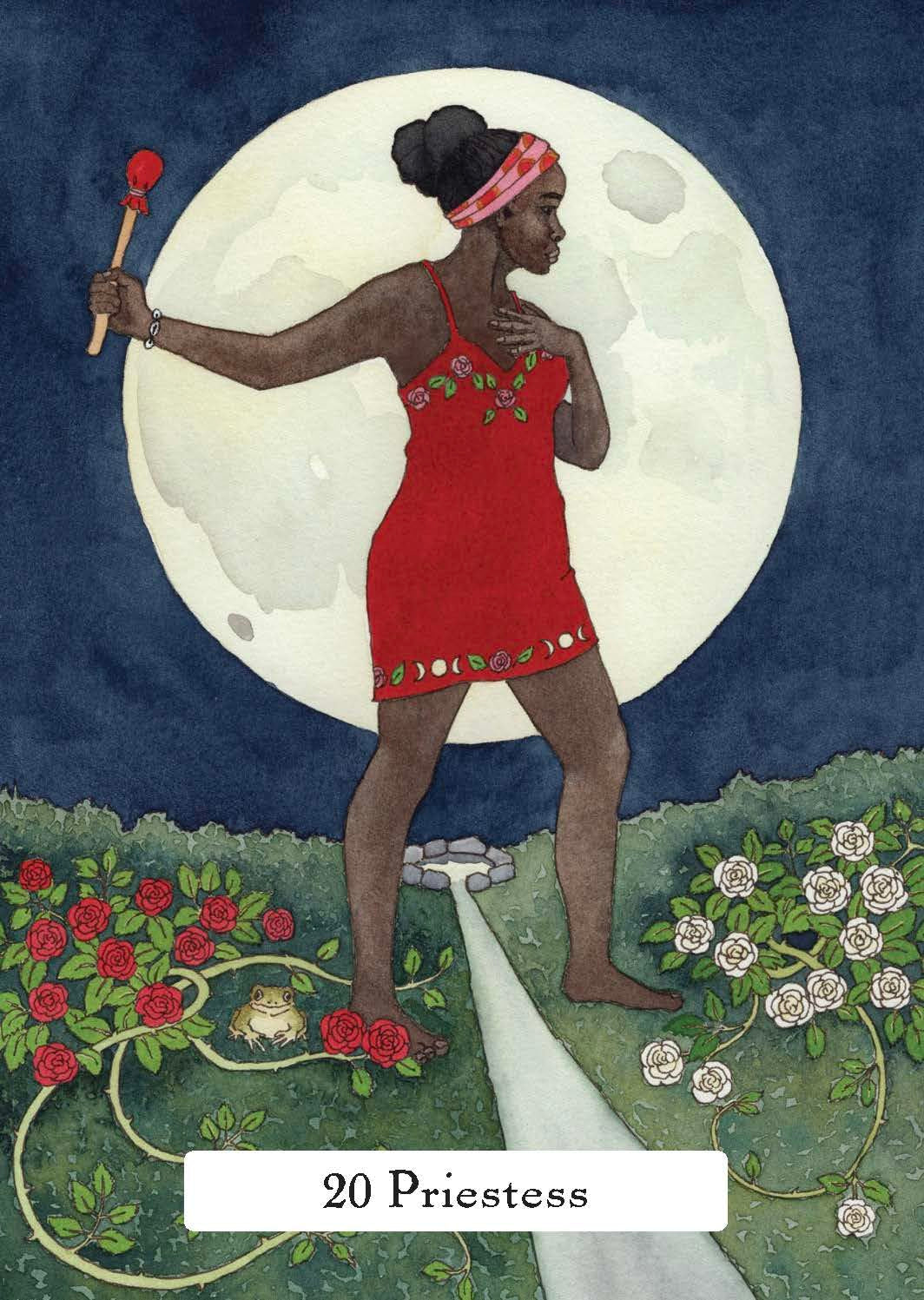 Illustration of a woman in a red dress with a full moon in the background, labeled '20 Priestess'.