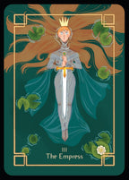 Tarot card featuring 'The Empress' with a woman holding a sword on a dark green background.