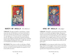 A two-page spread from a book or booklet showing illustrated cards for the 'Queen of Skulls' and 'King of Skulls' from The Minor Arcana. The left page features a gold-bordered card labeled 'QUEEN OF SKULLS (The Mediator)' with a gold-toned illustration, accompanied by text about Upright and Reversed suits.