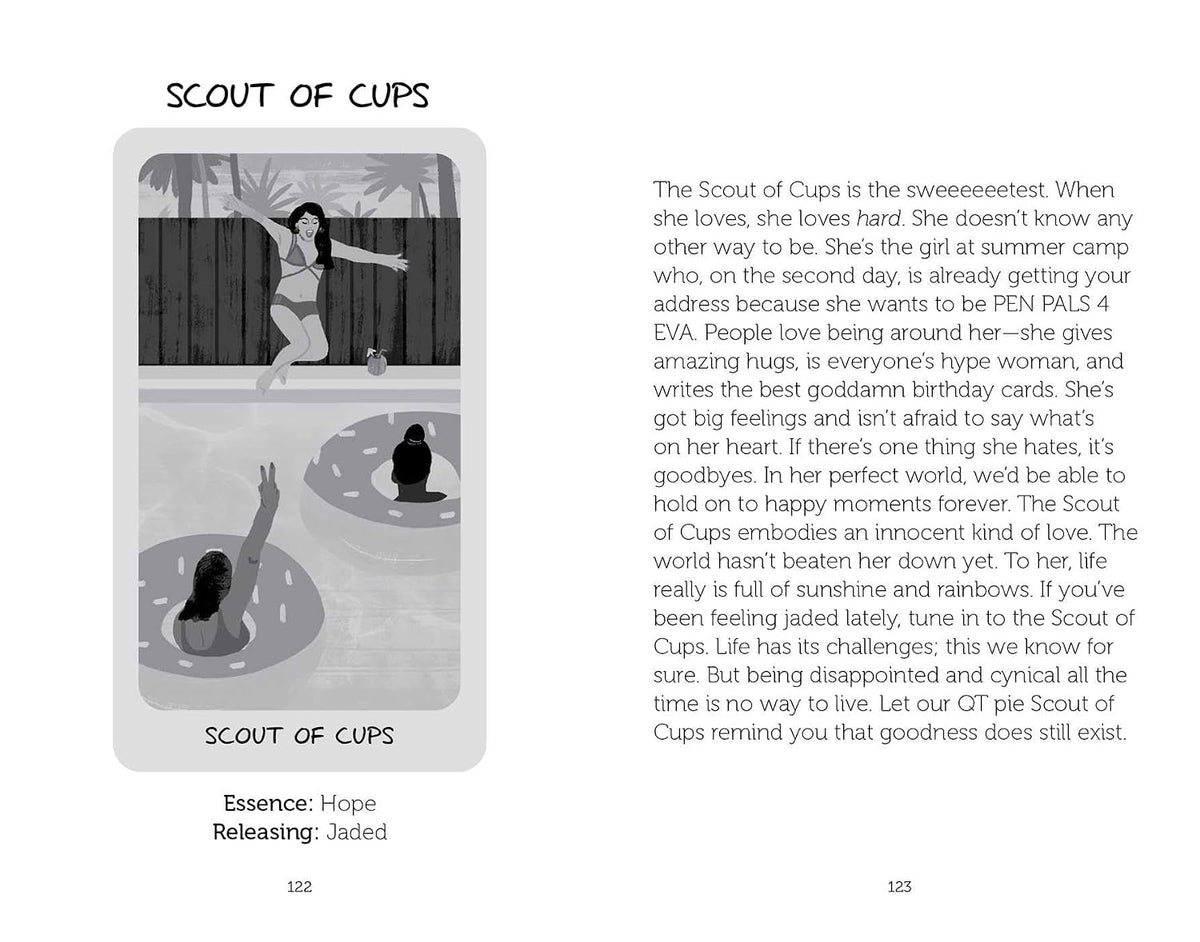 A printed card or booklet page titled 'SCOUT OF CUPS' with a small black-and-white illustration of a girl in a scout jacket and hat, plus two paragraphs of text on a white page.