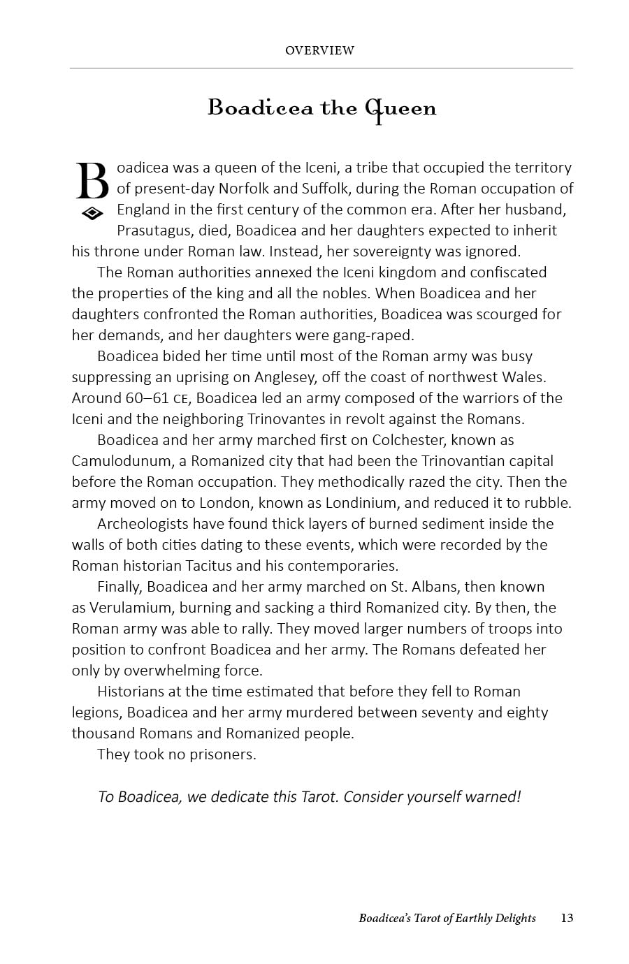 Text page from a book or document about Boadicea the Queen, detailing her history and actions.