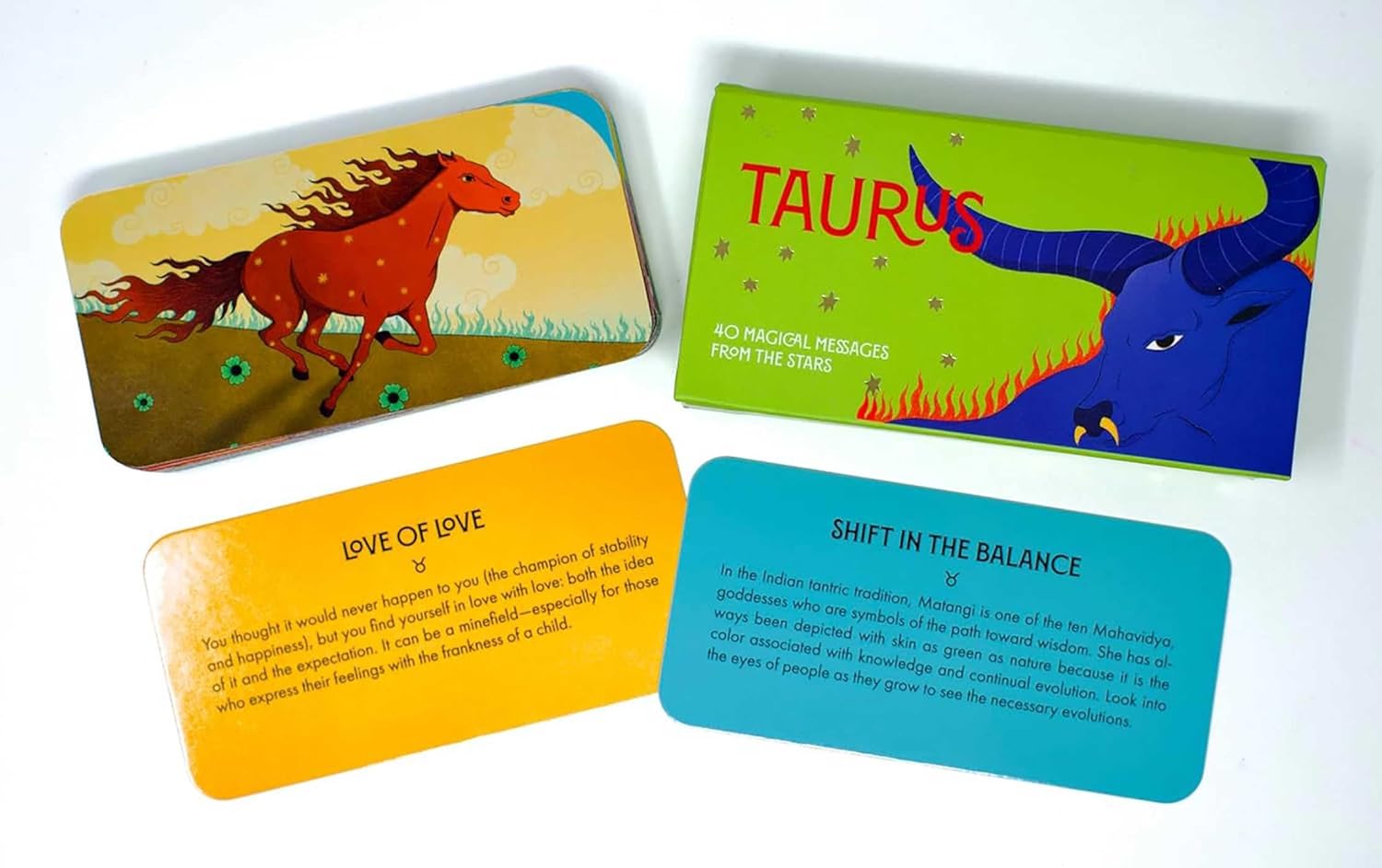 Set of tarot cards with zodiac signs and astrological messages on a white background