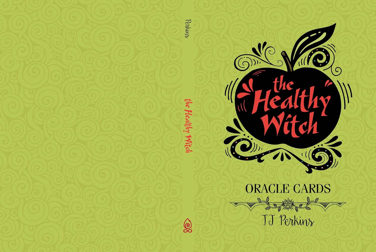 Cover of 'The Healthy Witch' Oracle Cards with an apple design on a green background