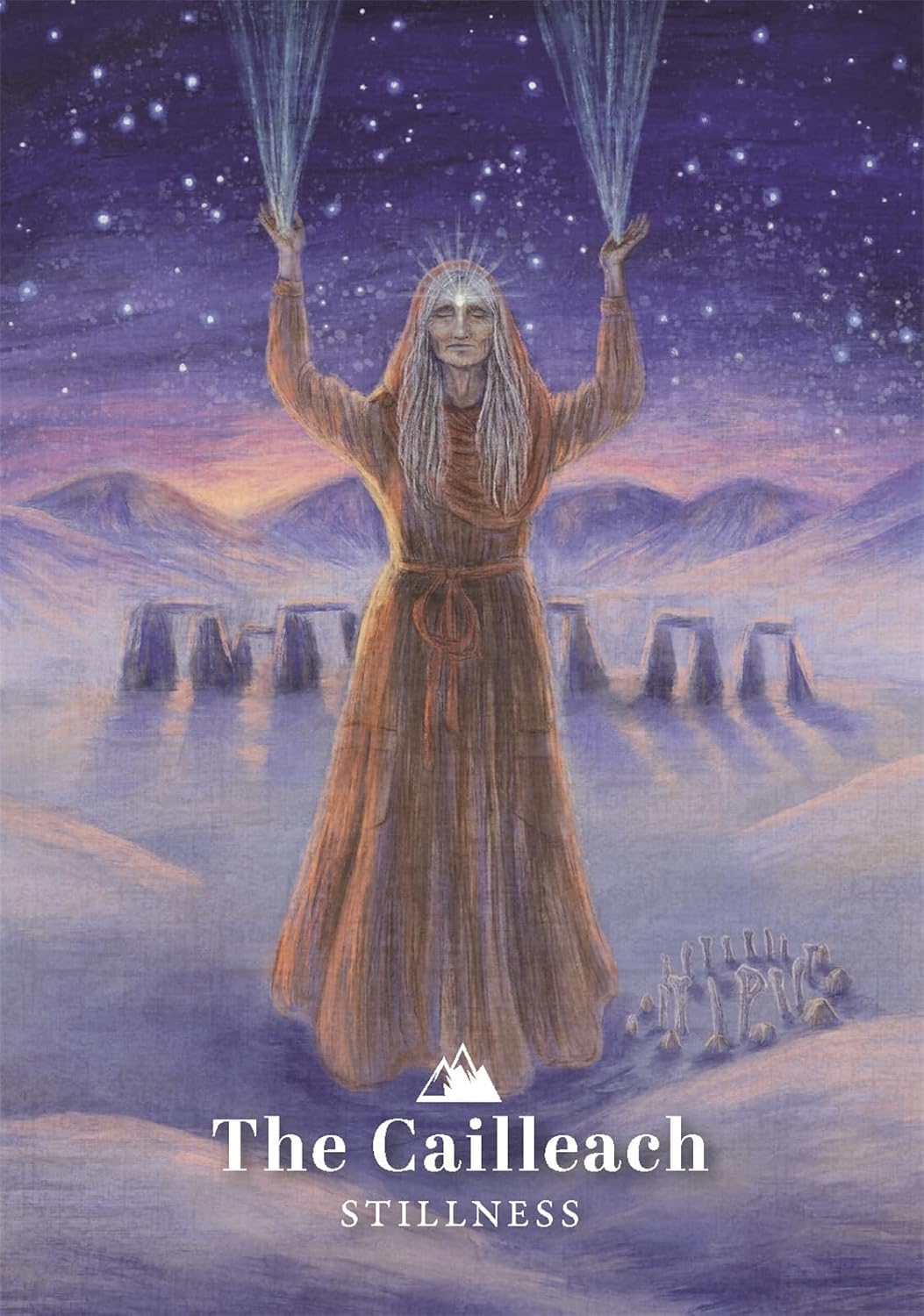 Artistic depiction of a figure in a long dress with outstretched arms against a starry sky and stone circle.