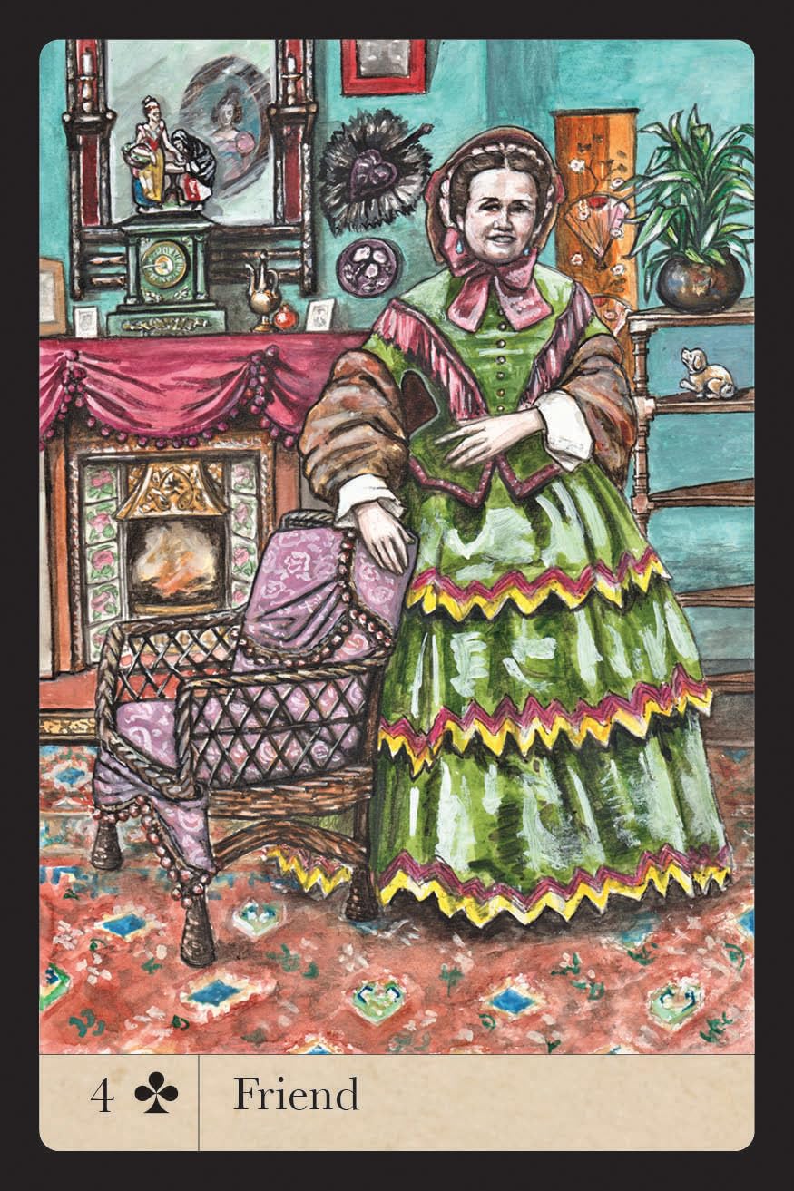 Vintage-style card with a woman in a green dress in an ornate room, labeled '4 Club Friend'.