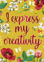 Floral design with text 'I express my creativity' on a yellow background