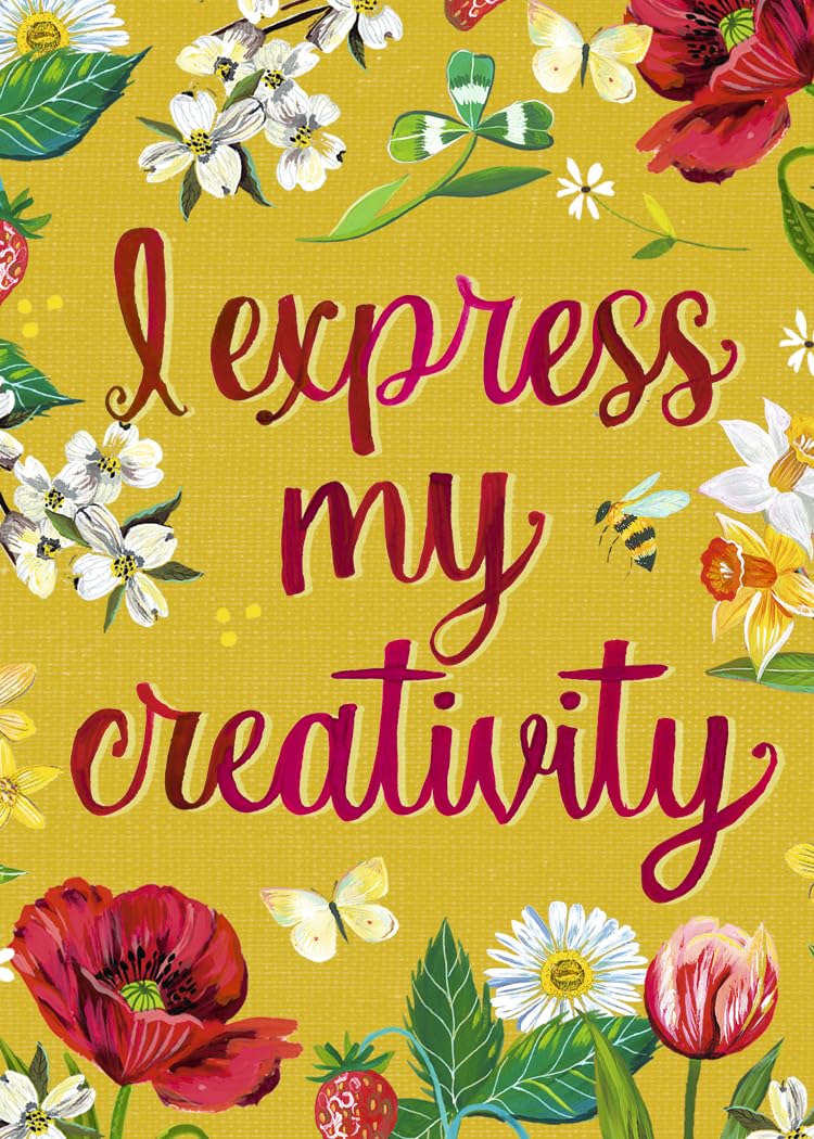 Floral design with text 'I express my creativity' on a yellow background