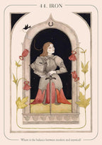 Illustration of a person in armor with flowers, framed as a tarot card titled 'Iron'.