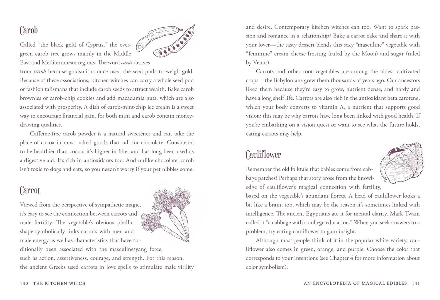Page from a book with text and illustrations of a kitchen witch and a carrot.