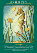 Illustration of a seahorse with a crown among seaweed and gold coins, on a green background.
