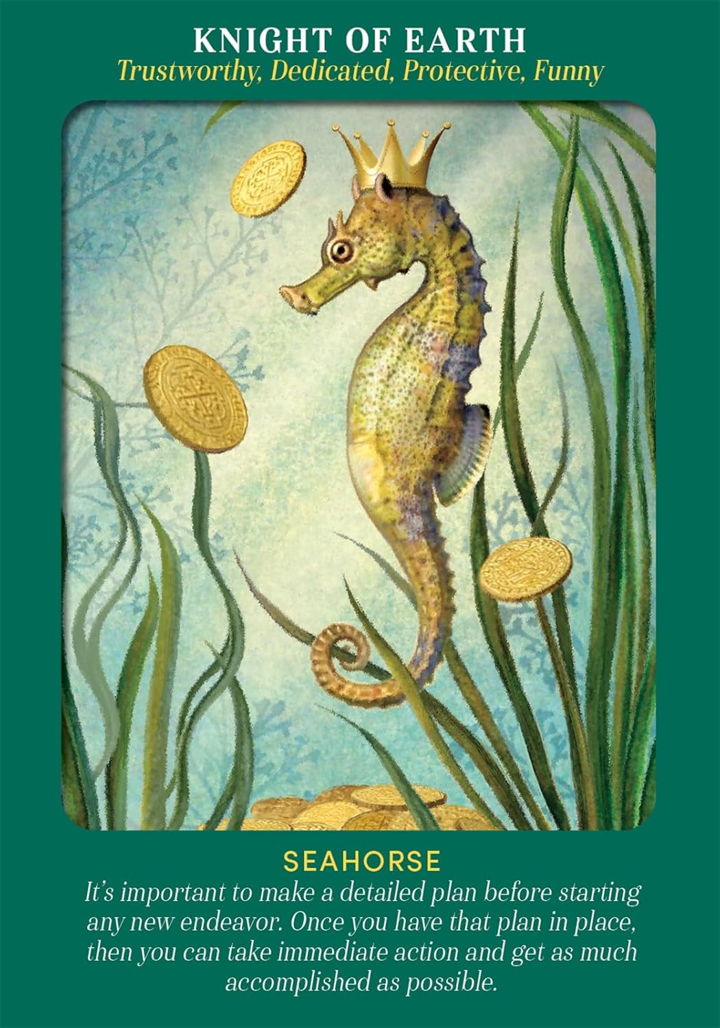 Illustration of a seahorse with a crown among seaweed and gold coins, on a green background.