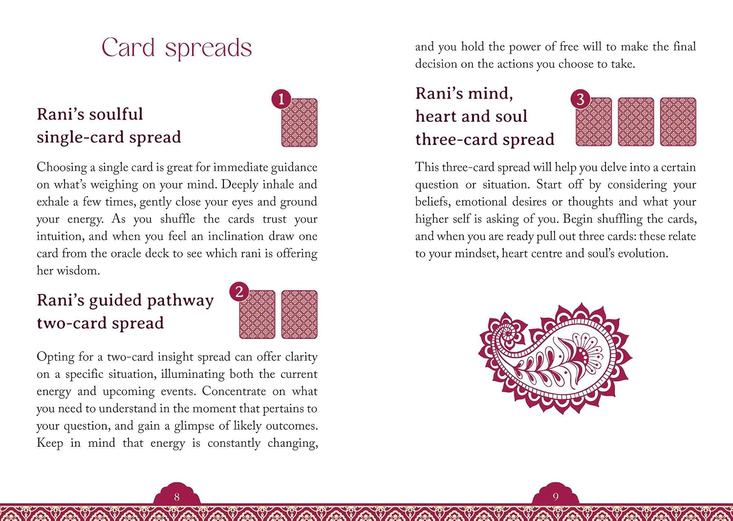 A printed card spread guide with three labeled spread layouts and descriptive text on a white background, featuring a decorative red and white ornamental border along the bottom.