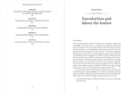 Book pages with chapter titles and an introduction to the author.