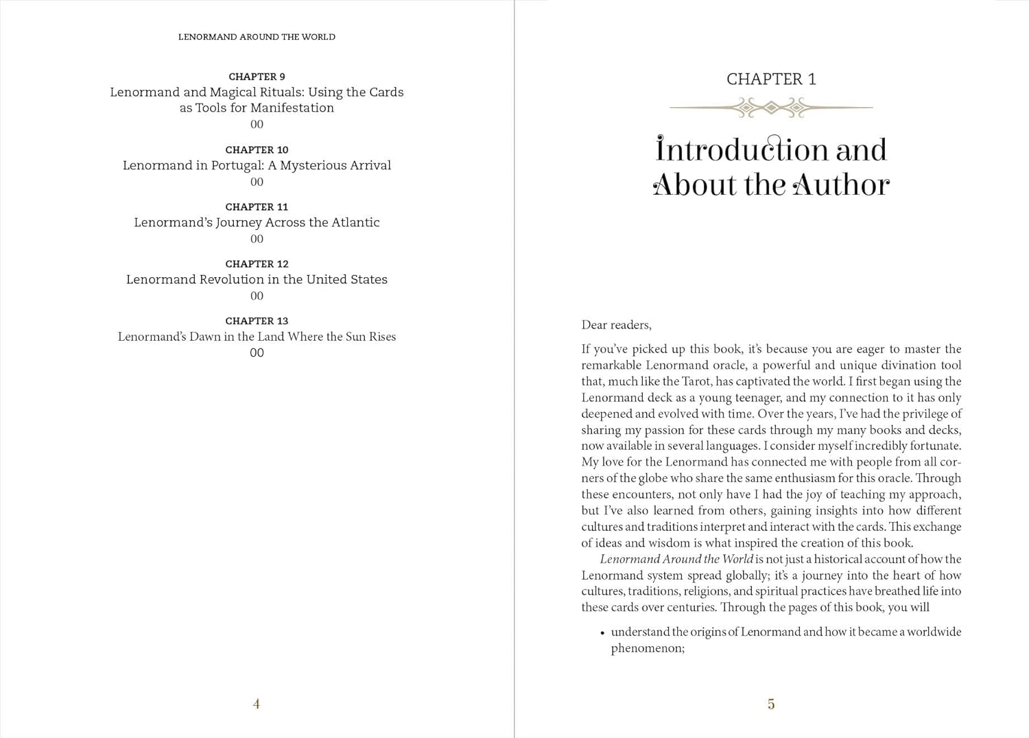 Book pages with chapter titles and an introduction to the author.