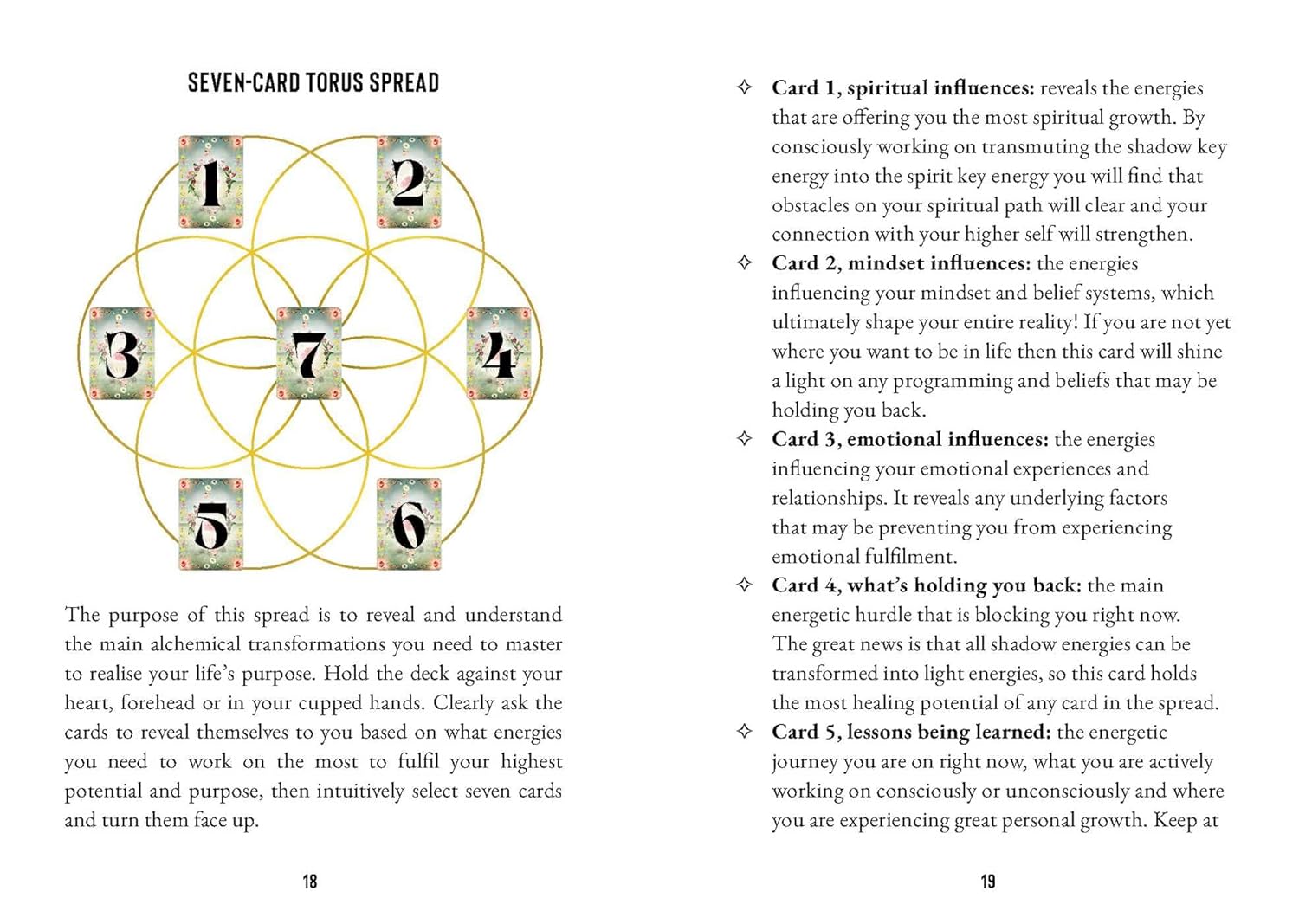 Spreads page from a book with a Seven-Card Torus Spread diagram and descriptions.