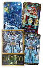 Four tarot cards from the Illuminati Tarot set with detailed artwork and fantasy elements.