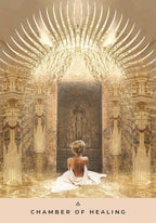 Woman in a white dress sitting in a chamber with columns and a large chandelier, titled 'Chamber of Healing'.