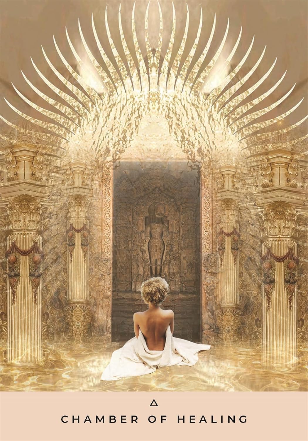 Woman in a white dress sitting in a chamber with columns and a large chandelier, titled 'Chamber of Healing'.