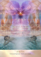 Two people floating in water with a butterfly and abstract shapes above them, accompanied by the word 'FAITH'.