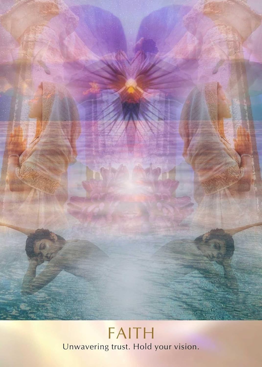 Two people floating in water with a butterfly and abstract shapes above them, accompanied by the word 'FAITH'.