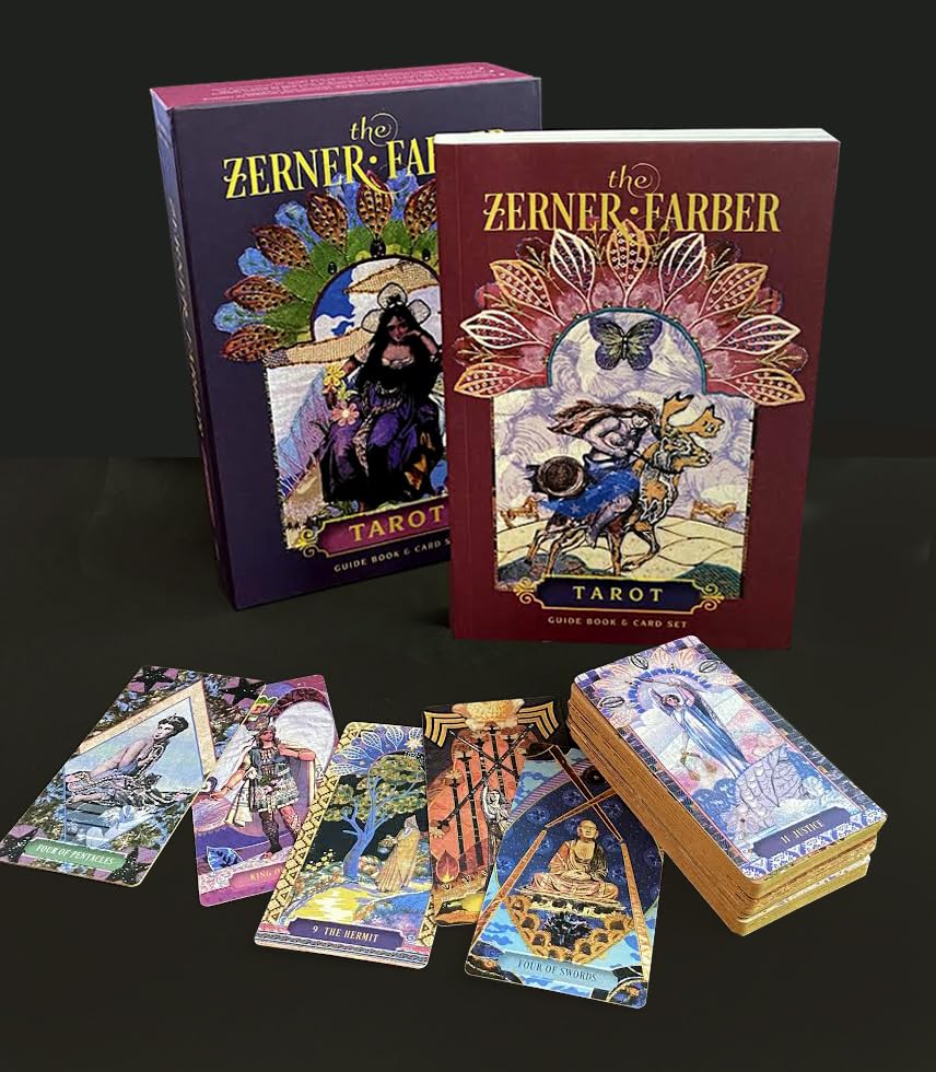 Zerner & Farber Tarot set with tarot cards and books on a dark background