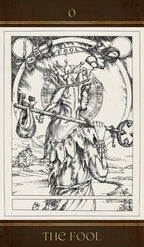 Black and white illustration of 'The Fool' tarot card with decorative elements.