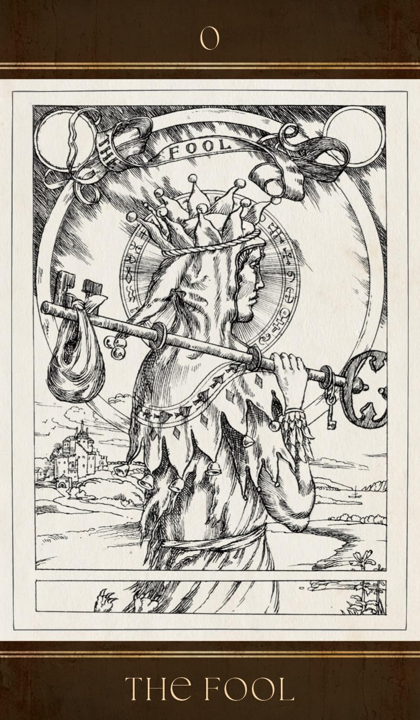 Black and white illustration of 'The Fool' tarot card with decorative elements.