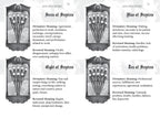Four tarot cards from the 'Suit of Scepters' in a book, each with illustrations and meanings.
