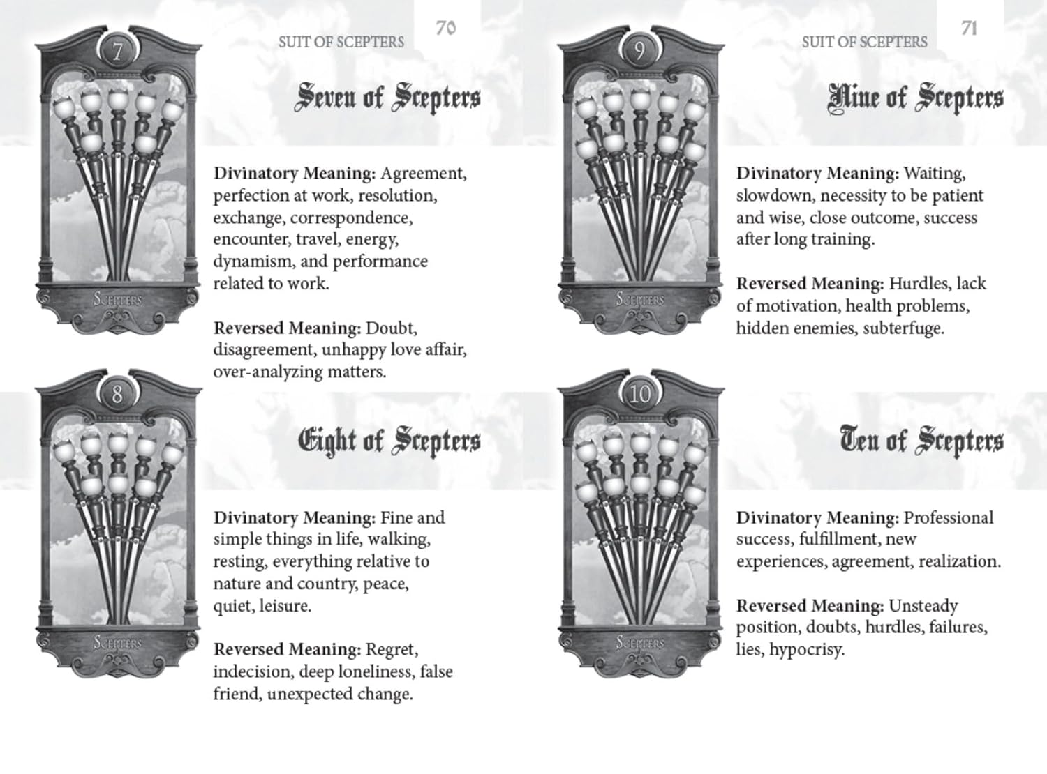 Four tarot cards from the 'Suit of Scepters' in a book, each with illustrations and meanings.