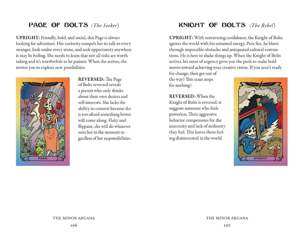 A printed booklet or book page showing two illustrated panels with text titled 'PAGE OF DOLTS (The Seeker)' and 'KNIGHT OF DOLTS (The Rebel)'. The page includes explanatory text, two small color illustrations, and two larger square artwork panels at the bottom labeled 'THE MINOR ARCANA'.