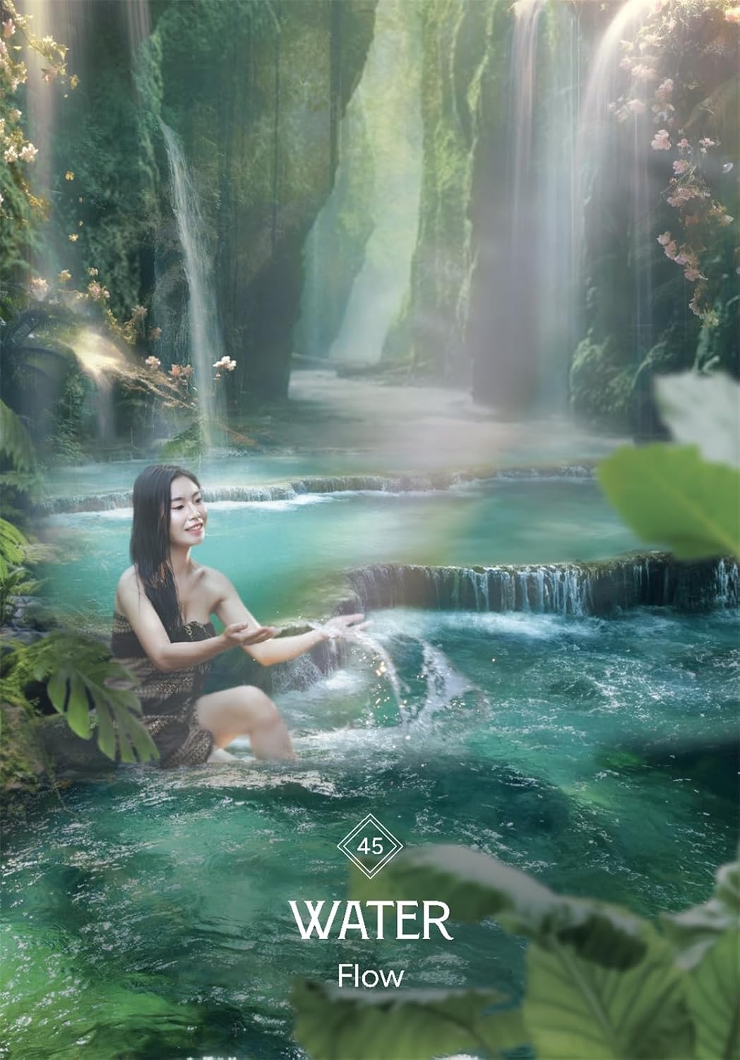 Woman sitting by a waterfall in a lush green forest