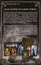 Promotional image for 'Grim Agents of Cosmic Forces' tarot set with text and card illustrations.