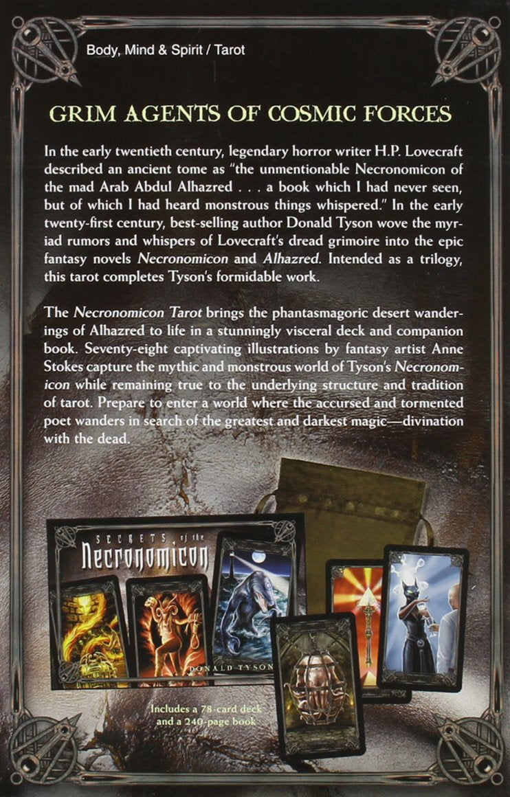 Promotional image for 'Grim Agents of Cosmic Forces' tarot set with text and card illustrations.